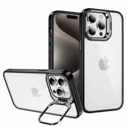 Tel Protect Kickstand Case and Camera Glass Lens - хибриден кейс с поставка и стъклени лещи за камерата за iPhone 15 (черен) 